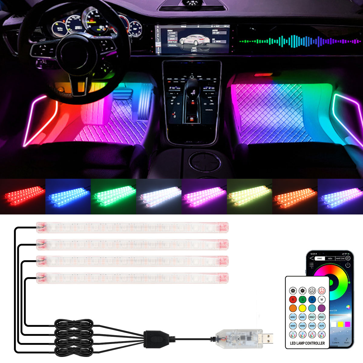 Led Ambient Interior Car Lights App Control - โคมไฟตกแต่งบรรยากาศ 2/4in1 12/18 LED RGB เรนโบว์