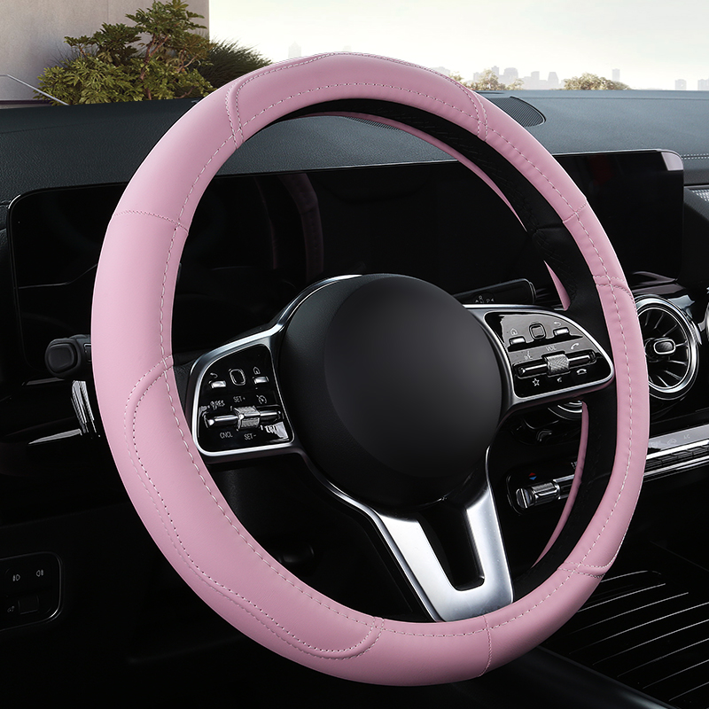 Car Steering Wheel Cover Anti Slip Breathable - ฝาครอบพวงมาลัยหนังกันลื่นรถยนต์พวงมาลัยรถยนต์สากลฝาครอบป้องกันสไตล์แฟชั่น 38 ซม. สีชมพู